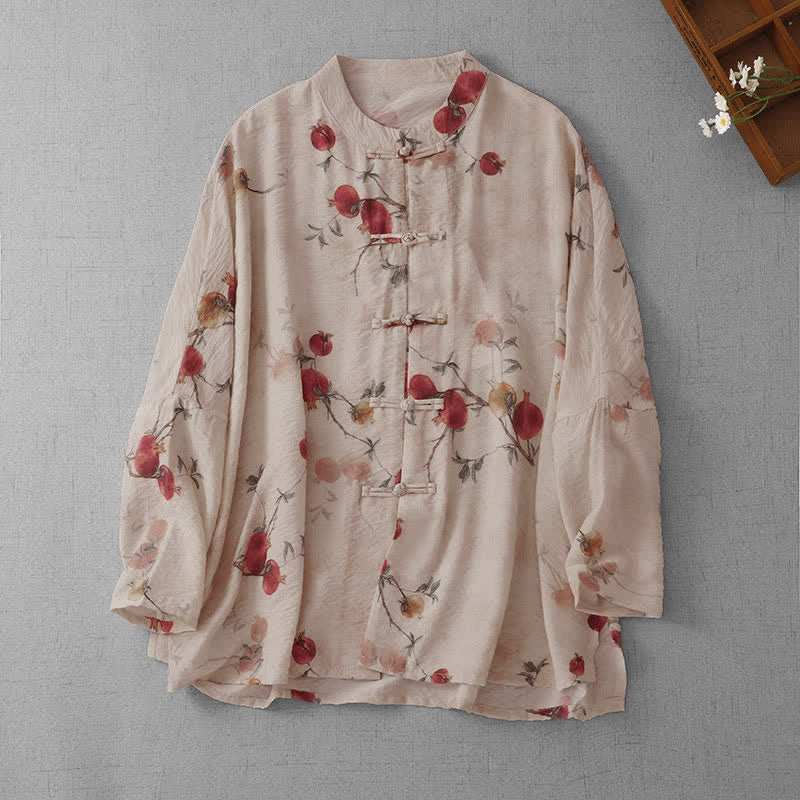 Buddha Stones Chemises à manches courtes pour femmes, style Tang, vintage, à boutons grenouille et imprimé grenade - Beige - US14, UK/AU18, EU46 (2XL) - image 0