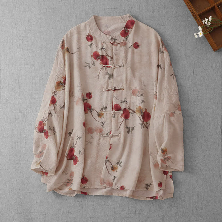 Buddha Stones Chemises à manches courtes pour femmes, style Tang, vintage, à boutons grenouille et imprimé grenade - Beige - US14, UK/AU18, EU46 (2XL) - image 0