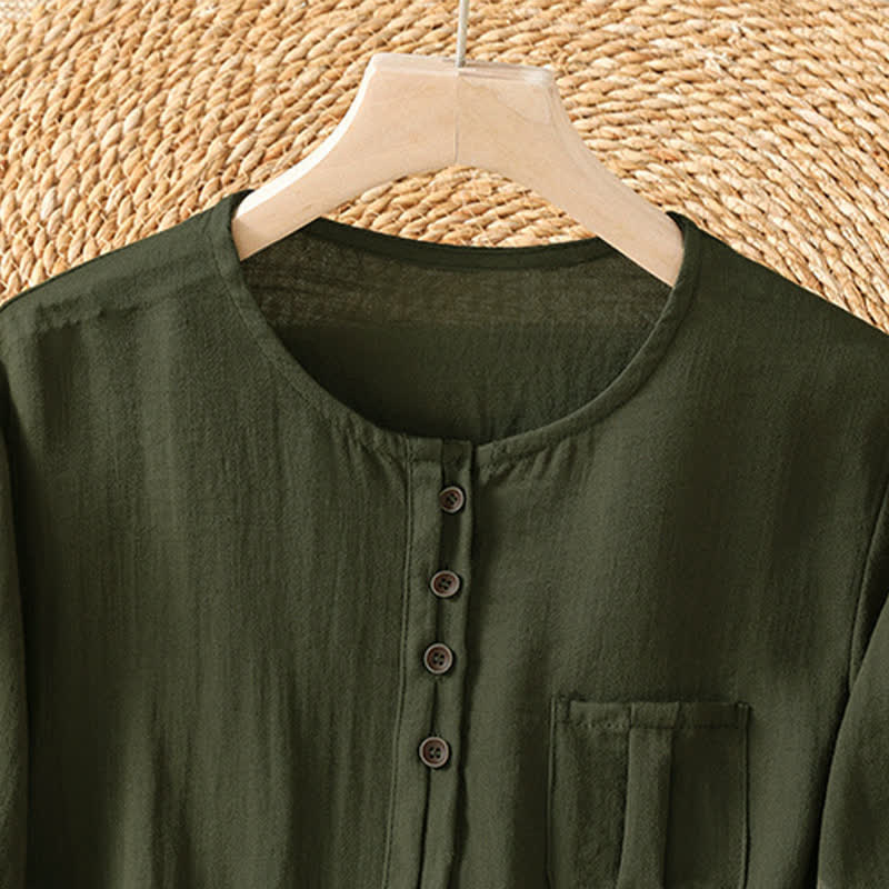 Buddha Stones Chemises à manches trois-quarts boutonnées pour femme, style minimaliste décontracté printanier, avec poche plaquée - image 17