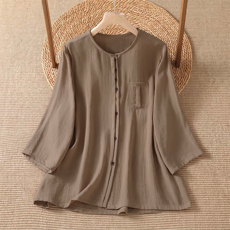 Buddha Stones Chemises à manches trois-quarts boutonnées pour femme, style minimaliste décontracté printanier, avec poche plaquée - Tanné - US4-8/10，UK/AU8-12/14，EU36-40/42 (F) - image 7