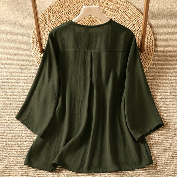 Buddha Stones Chemises à manches trois-quarts boutonnées pour femme, style minimaliste décontracté printanier, avec poche plaquée - image 16