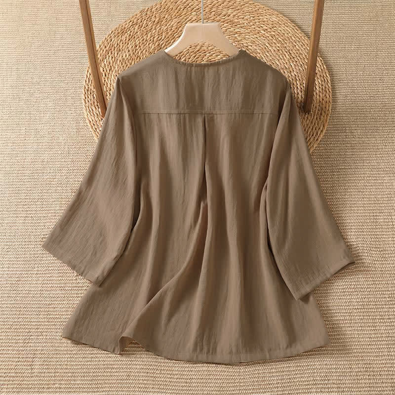 Buddha Stones Chemises à manches trois-quarts boutonnées pour femme, style minimaliste décontracté printanier, avec poche plaquée - image 8