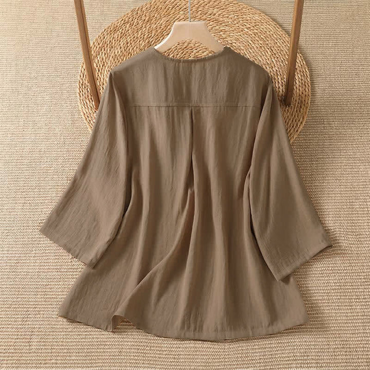 Buddha Stones Chemises à manches trois-quarts boutonnées pour femme, style minimaliste décontracté printanier, avec poche plaquée - image 8