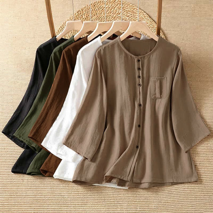 Buddha Stones Chemises à manches trois-quarts boutonnées pour femme, style minimaliste décontracté printanier, avec poche plaquée - image 36