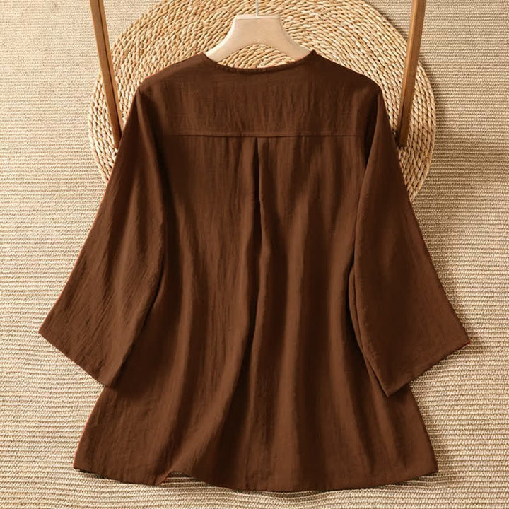 Buddha Stones Chemises à manches trois-quarts boutonnées pour femme, style minimaliste décontracté printanier, avec poche plaquée - image 1