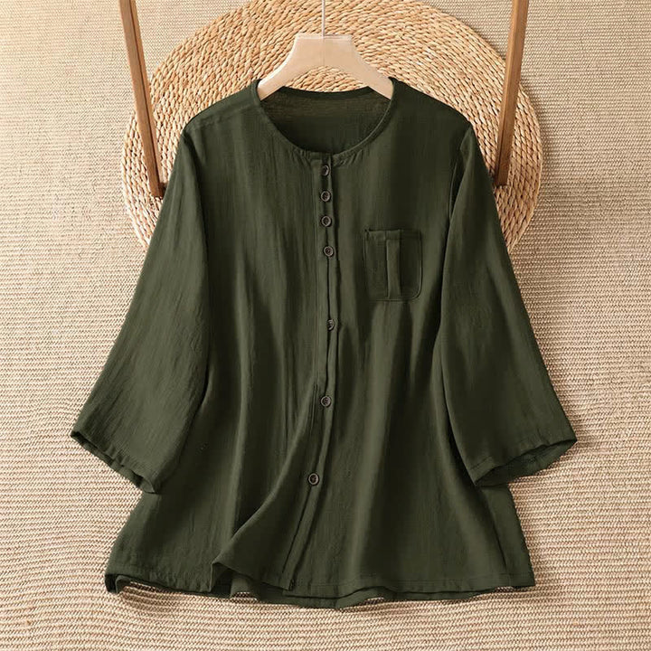 Buddha Stones Chemises à manches trois-quarts boutonnées pour femme, style minimaliste décontracté printanier, avec poche plaquée - Vert olive foncé - US4-8/10，UK/AU8-12/14，EU36-40/42 (F) - image 15