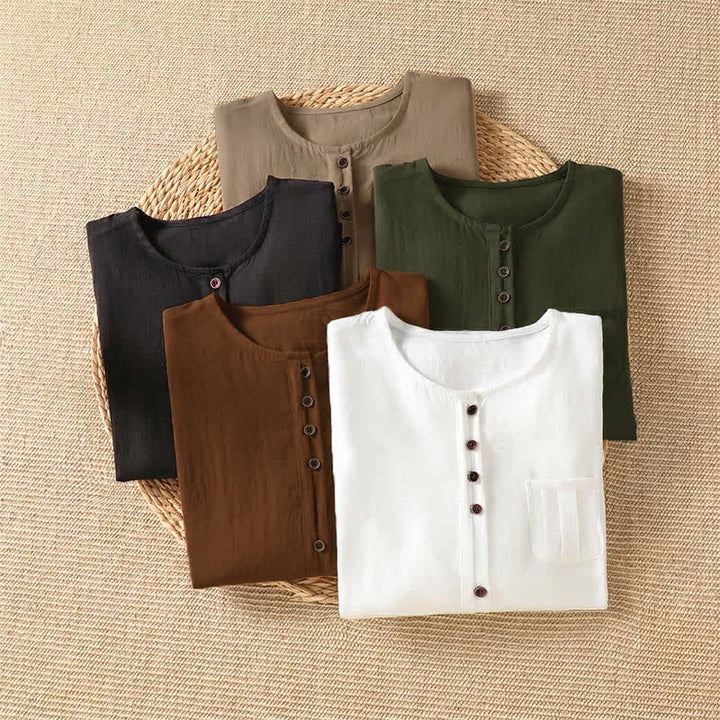 Buddha Stones Chemises à manches trois-quarts boutonnées pour femme, style minimaliste décontracté printanier, avec poche plaquée - image 37