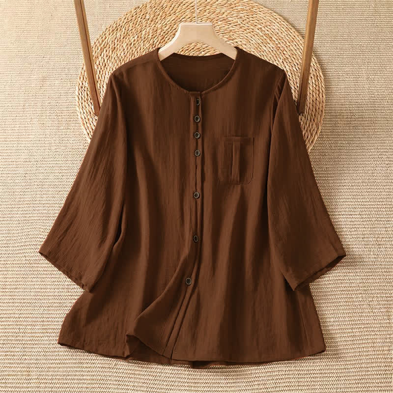 Buddha Stones Chemises à manches trois-quarts boutonnées pour femme, style minimaliste décontracté printanier, avec poche plaquée - Terre de sienne - US4-8/10，UK/AU8-12/14，EU36-40/42 (F) - image 0