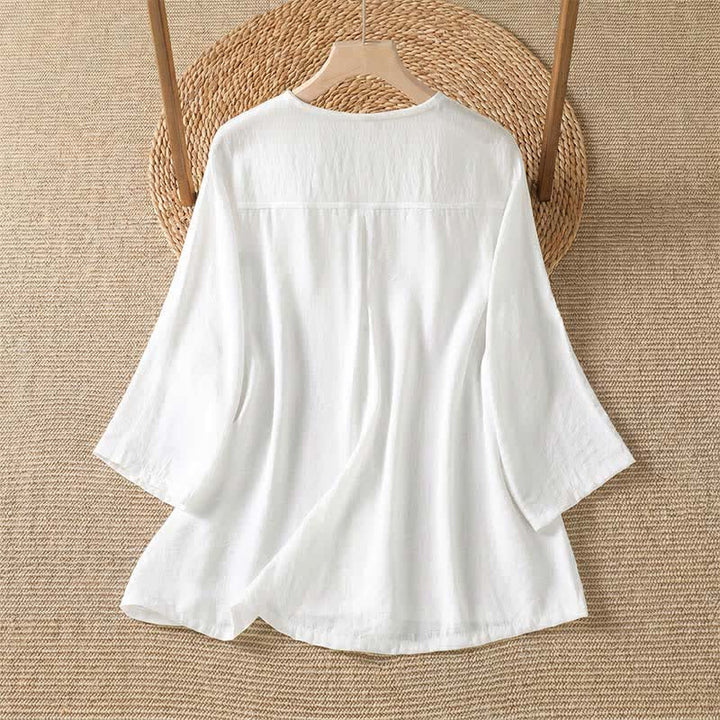 Buddha Stones Chemises à manches trois-quarts boutonnées pour femme, style minimaliste décontracté printanier, avec poche plaquée - image 30