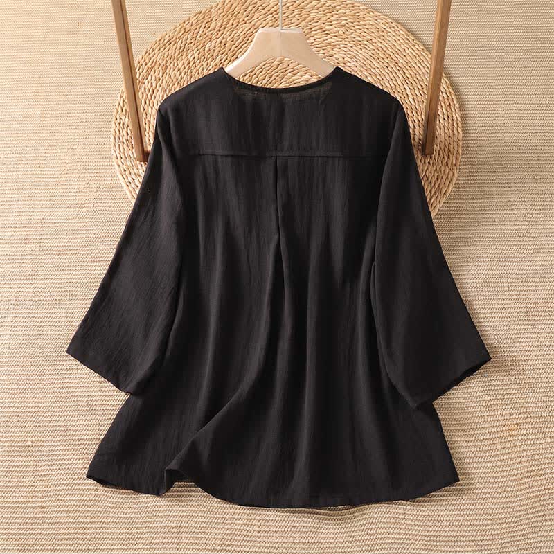 Buddha Stones Chemises à manches trois-quarts boutonnées pour femme, style minimaliste décontracté printanier, avec poche plaquée - image 23