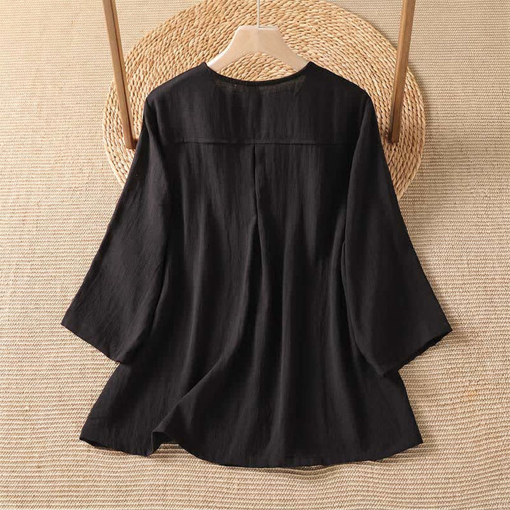 Buddha Stones Chemises à manches trois-quarts boutonnées pour femme, style minimaliste décontracté printanier, avec poche plaquée - image 23