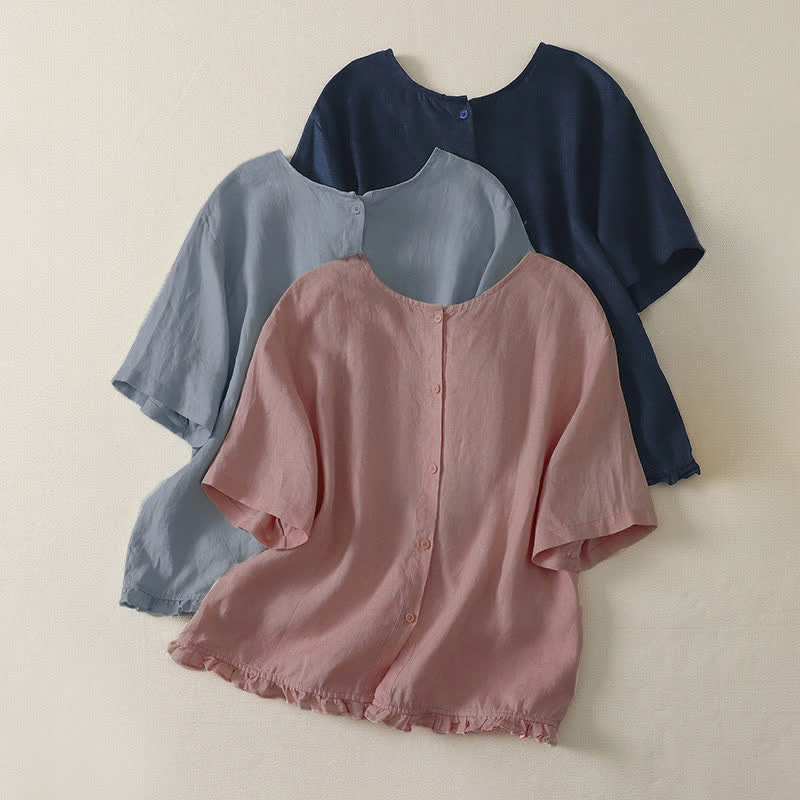Buddha Stones T-shirts à manches courtes pour femmes, style minimaliste décontracté d'été, à ourlet volanté uni - image 1