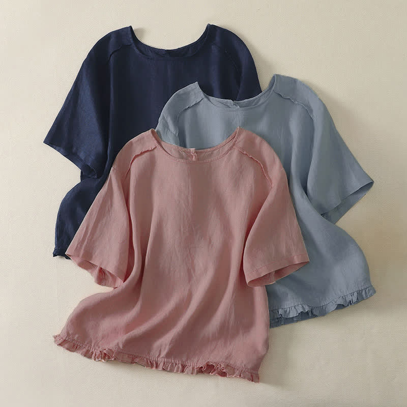 Buddha Stones T-shirts à manches courtes pour femmes, style minimaliste décontracté d'été, à ourlet volanté uni - image 0