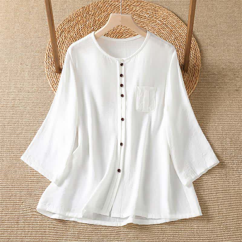 Buddha Stones Chemises à manches trois-quarts boutonnées pour femme, style minimaliste décontracté printanier, avec poche plaquée - Blanc - US4-8/10，UK/AU8-12/14，EU36-40/42 (F) - image 29