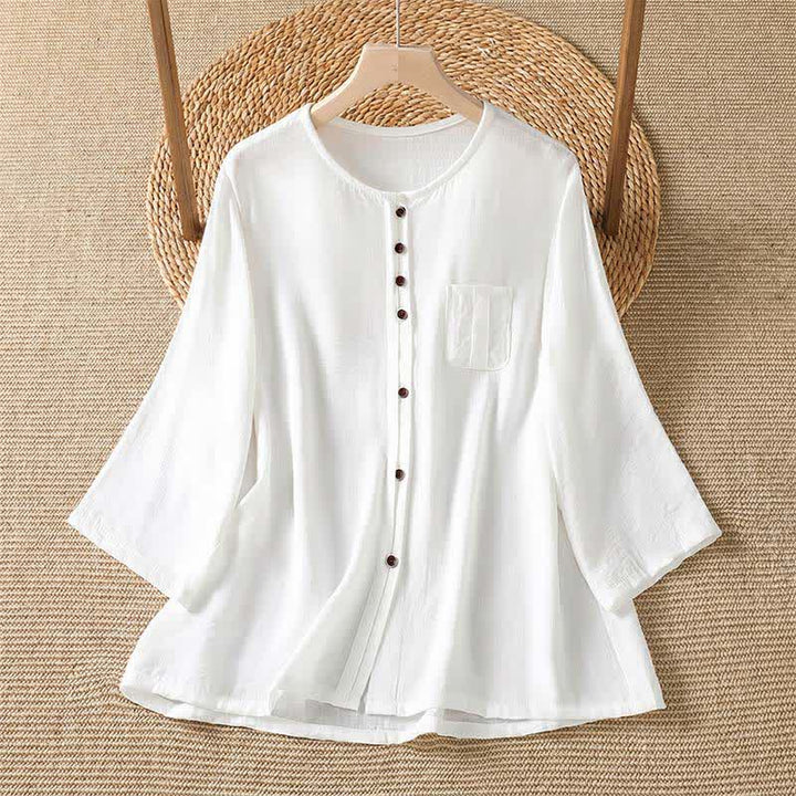 Buddha Stones Chemises à manches trois-quarts boutonnées pour femme, style minimaliste décontracté printanier, avec poche plaquée - Blanc - US4-8/10，UK/AU8-12/14，EU36-40/42 (F) - image 29