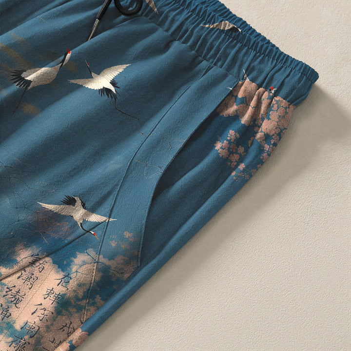 Buddha Stones Pantalon fuselé pour homme en pur coton avec cordon de serrage et poches, motif calligraphie grue et nuage. - image 4