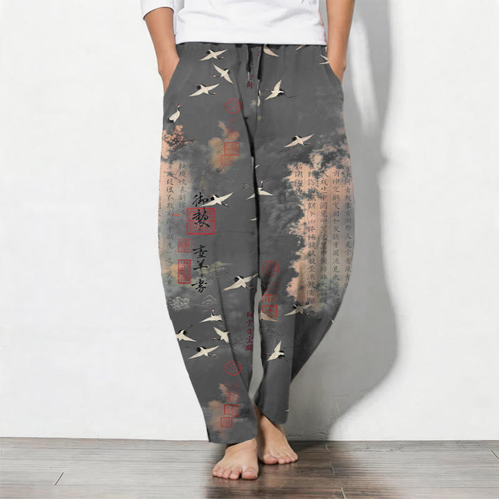 Buddha Stones Pantalon fuselé pour homme en pur coton avec cordon de serrage et poches, motif calligraphie grue et nuage. - Gris terne - US/UK/AU50，EU60 (5XL) - image 7