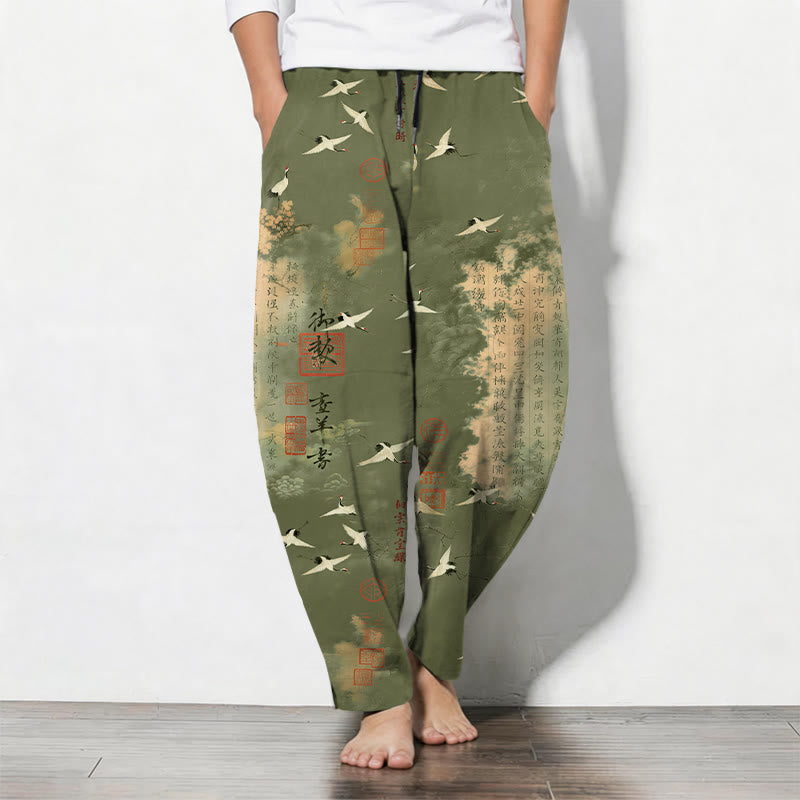 Buddha Stones Pantalon fuselé pour homme en pur coton avec cordon de serrage et poches, motif calligraphie grue et nuage. - Vert olive - US/UK/AU50，EU60 (5XL) - image 11