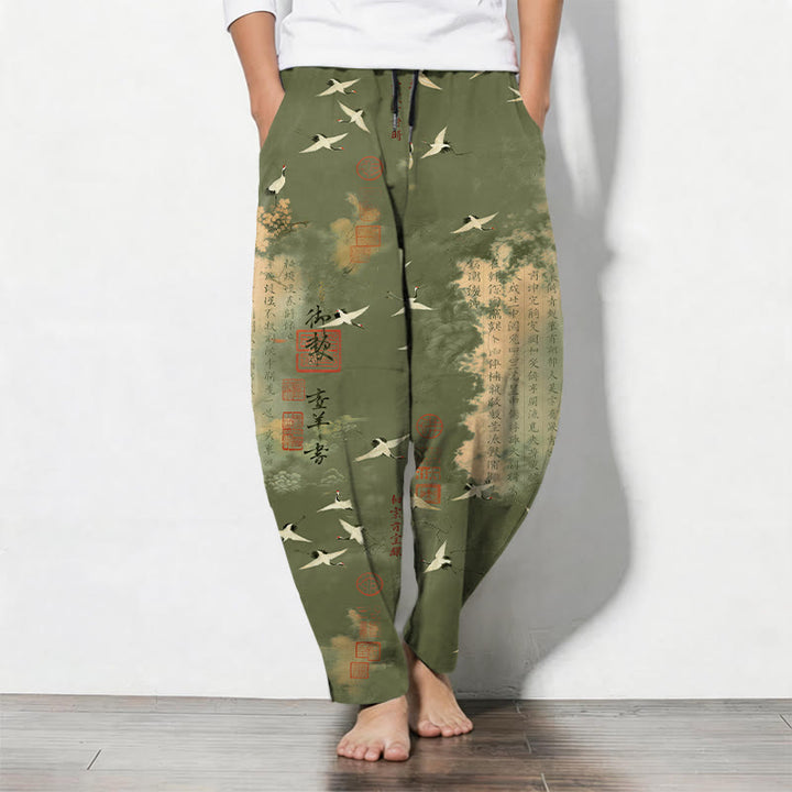 Buddha Stones Pantalon fuselé pour homme en pur coton avec cordon de serrage et poches, motif calligraphie grue et nuage. - Vert olive - US/UK/AU50，EU60 (5XL) - image 11