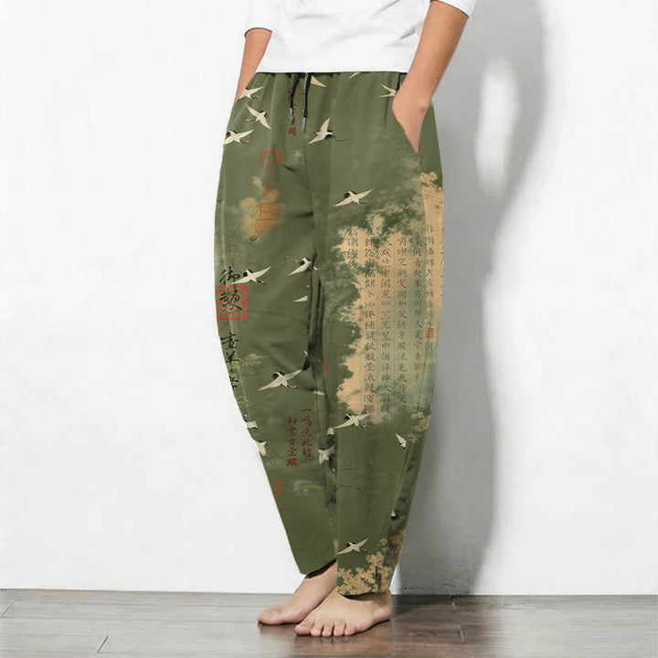 Buddha Stones Pantalon fuselé pour homme en pur coton avec cordon de serrage et poches, motif calligraphie grue et nuage. - image 12