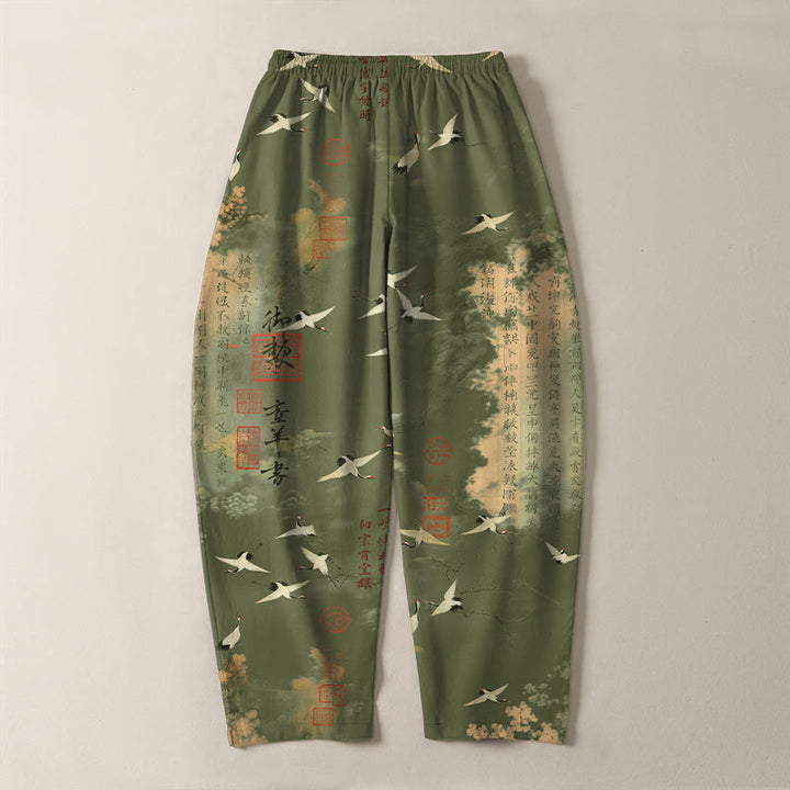 Buddha Stones Pantalon fuselé pour homme en pur coton avec cordon de serrage et poches, motif calligraphie grue et nuage. - image 14