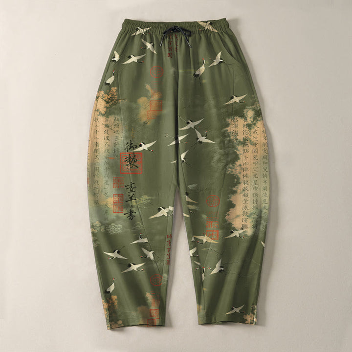 Buddha Stones Pantalon fuselé pour homme en pur coton avec cordon de serrage et poches, motif calligraphie grue et nuage. - image 13