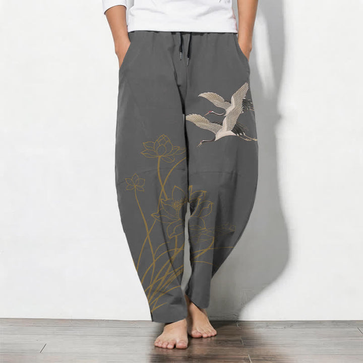 Buddha Stones Pantalon fuselé pour homme en pur coton, motif grue volante et lotus, cordon de serrage et poches - Gris terne - US/UK/AU50，EU60 (5XL) - image 0