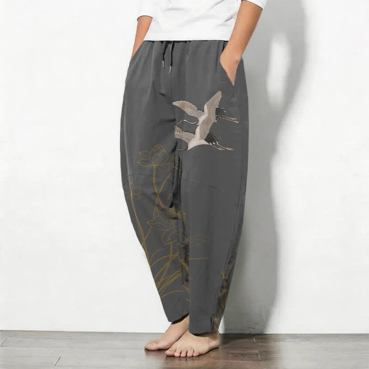 Buddha Stones Pantalon fuselé pour homme en pur coton, motif grue volante et lotus, cordon de serrage et poches - image 1