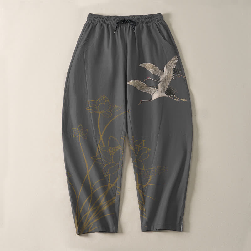 Buddha Stones Pantalon fuselé pour homme en pur coton, motif grue volante et lotus, cordon de serrage et poches - image 2