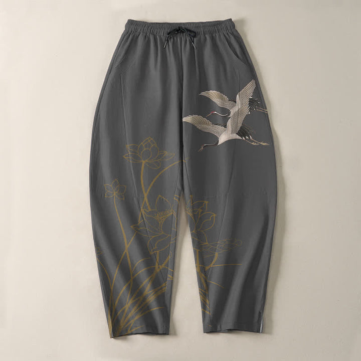 Buddha Stones Pantalon fuselé pour homme en pur coton, motif grue volante et lotus, cordon de serrage et poches - image 2
