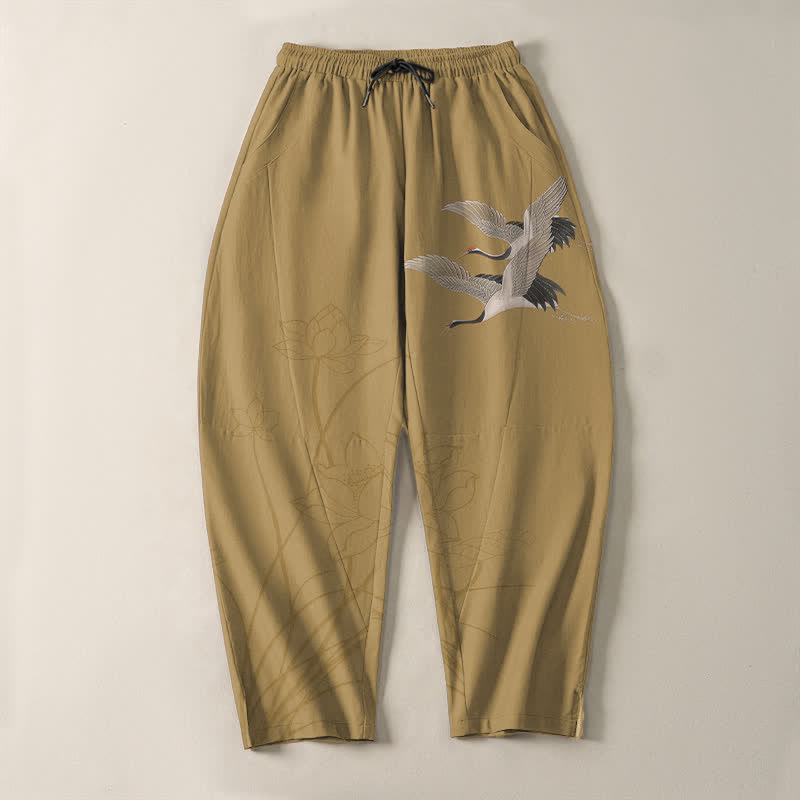 Buddha Stones Pantalon fuselé pour homme en pur coton, motif grue volante et lotus, cordon de serrage et poches - image 9