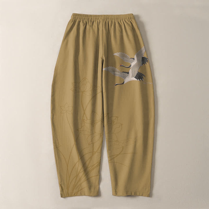 Buddha Stones Pantalon fuselé pour homme en pur coton, motif grue volante et lotus, cordon de serrage et poches - image 10