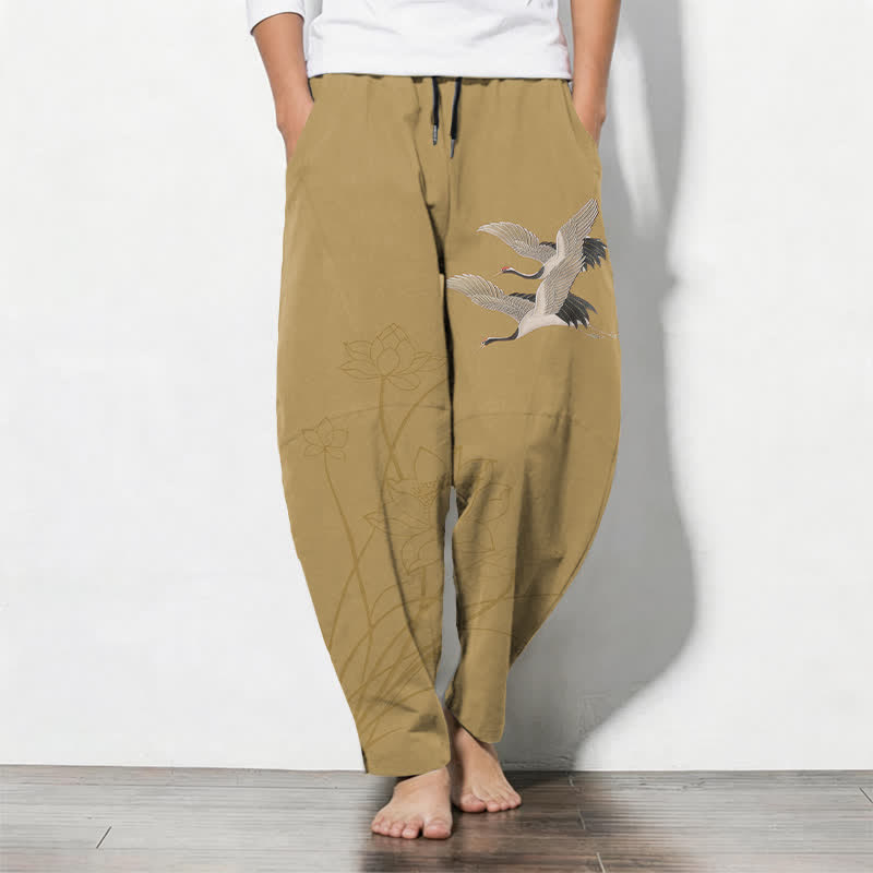 Buddha Stones Pantalon fuselé pour homme en pur coton, motif grue volante et lotus, cordon de serrage et poches - DarkKhaki - US/UK/AU50，EU60 (5XL) - image 7