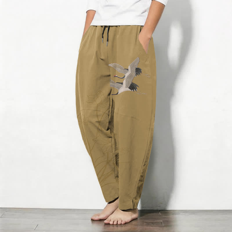 Buddha Stones Pantalon fuselé pour homme en pur coton, motif grue volante et lotus, cordon de serrage et poches - image 8