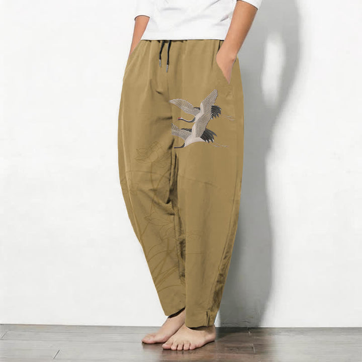 Buddha Stones Pantalon fuselé pour homme en pur coton, motif grue volante et lotus, cordon de serrage et poches - image 8