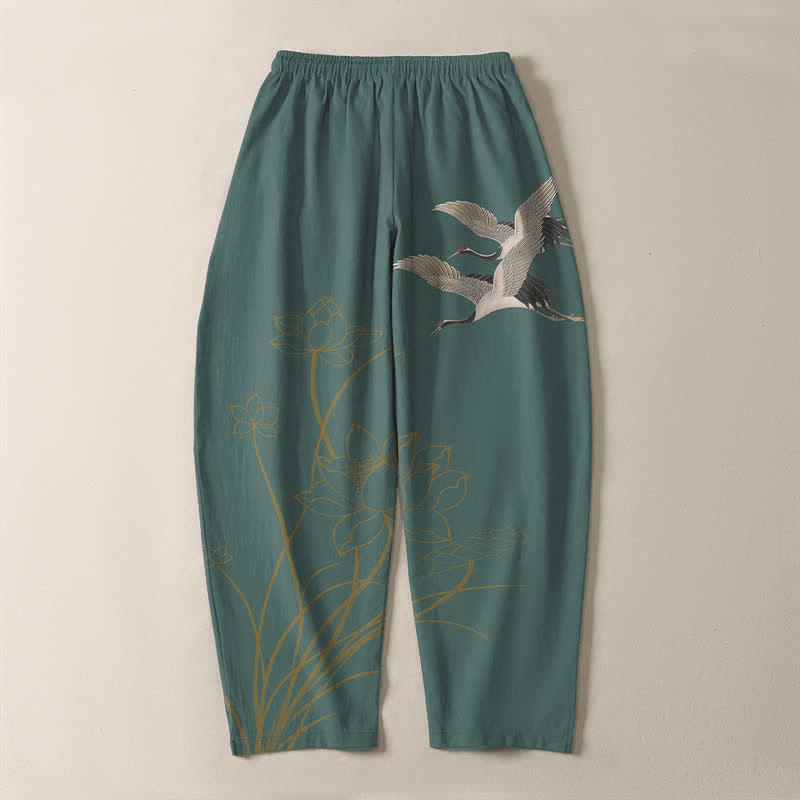 Buddha Stones Pantalon fuselé pour homme en pur coton, motif grue volante et lotus, cordon de serrage et poches - image 14