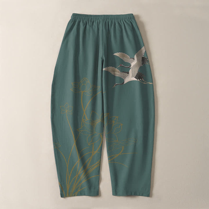 Buddha Stones Pantalon fuselé pour homme en pur coton, motif grue volante et lotus, cordon de serrage et poches - image 14