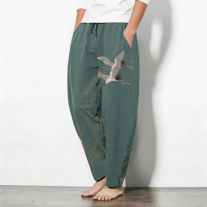 Buddha Stones Pantalon fuselé pour homme en pur coton, motif grue volante et lotus, cordon de serrage et poches - image 12