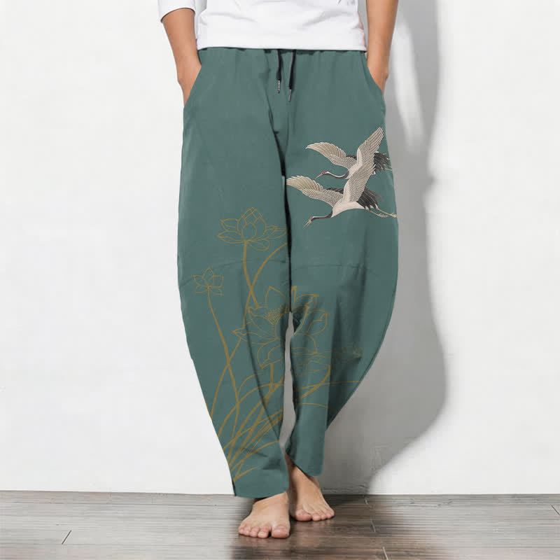 Buddha Stones Pantalon fuselé pour homme en pur coton, motif grue volante et lotus, cordon de serrage et poches - Sarcelle - US/UK/AU50，EU60 (5XL) - image 11