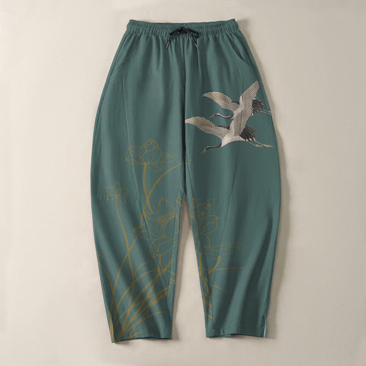 Buddha Stones Pantalon fuselé pour homme en pur coton, motif grue volante et lotus, cordon de serrage et poches - image 13