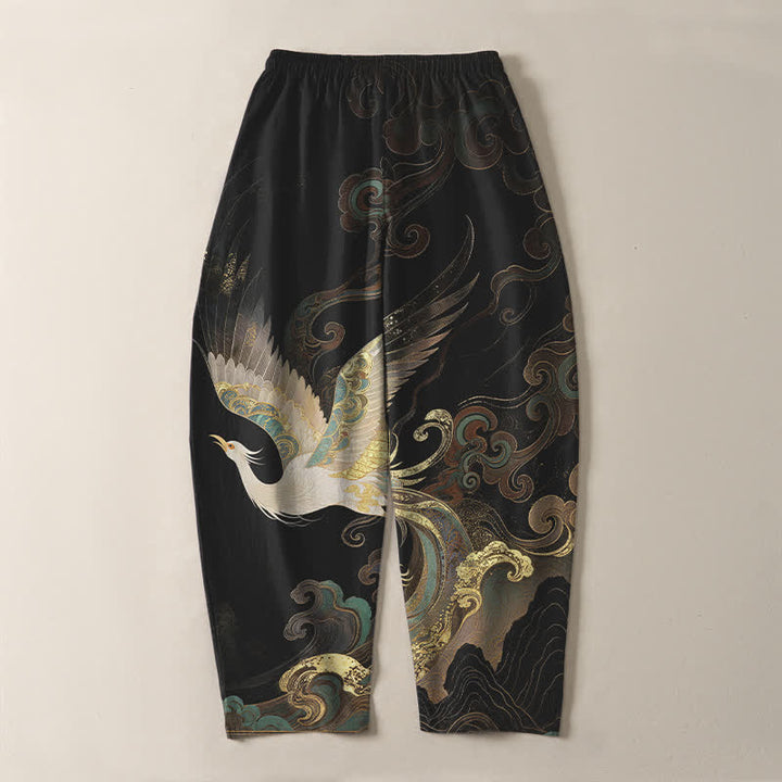 Buddha Stones Pantalon fuselé pour homme en pur coton, motif grues, nuages ​​et vagues, avec cordon de serrage et poches. - image 3