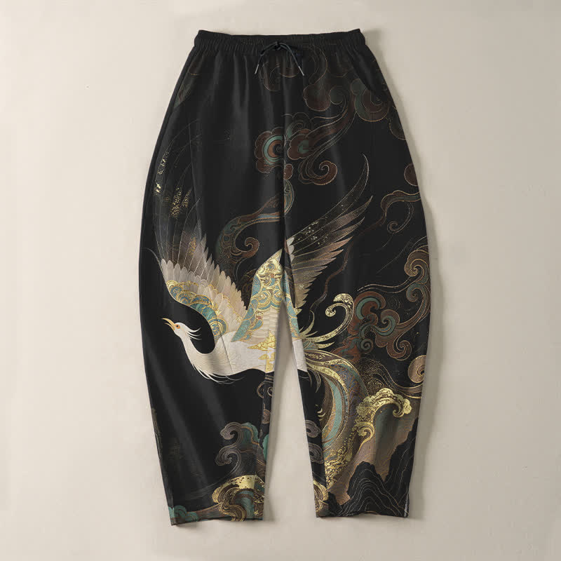 Buddha Stones Pantalon fuselé pour homme en pur coton, motif grues, nuages ​​et vagues, avec cordon de serrage et poches. - image 2