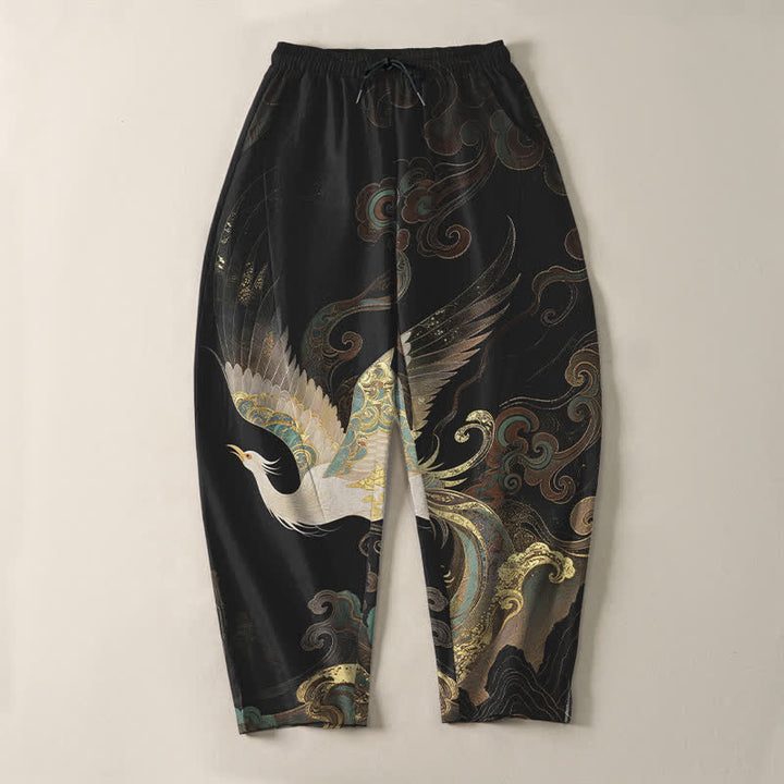 Buddha Stones Pantalon fuselé pour homme en pur coton, motif grues, nuages ​​et vagues, avec cordon de serrage et poches. - image 2