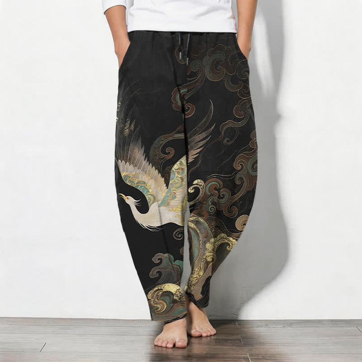 Buddha Stones Pantalon fuselé pour homme en pur coton, motif grues, nuages ​​et vagues, avec cordon de serrage et poches. - Noir - US/UK/AU50，EU60 (5XL) - image 0