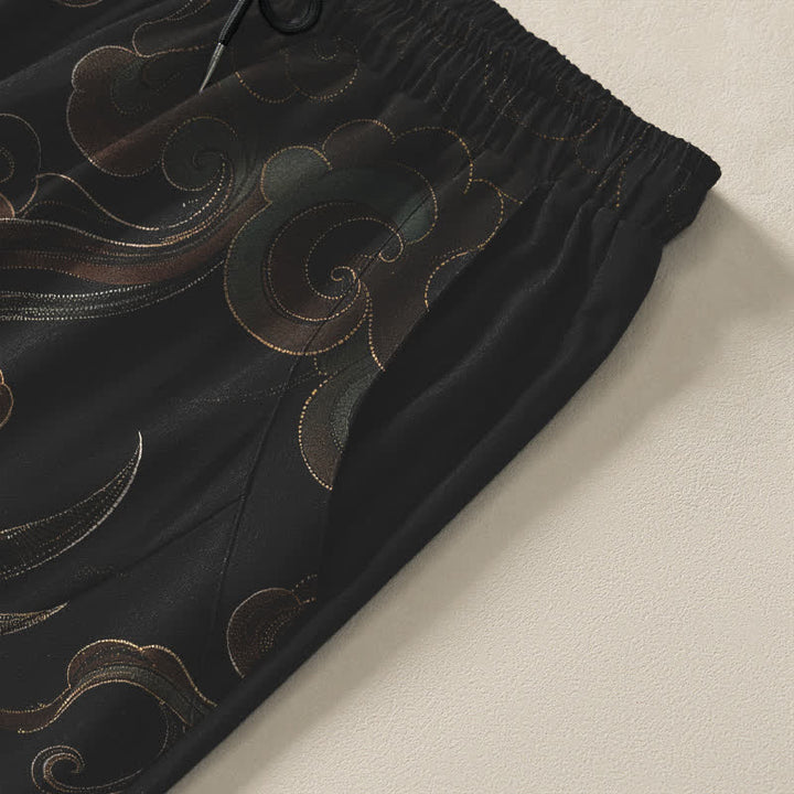 Buddha Stones Pantalon fuselé pour homme en pur coton, motif grues, nuages ​​et vagues, avec cordon de serrage et poches. - image 4