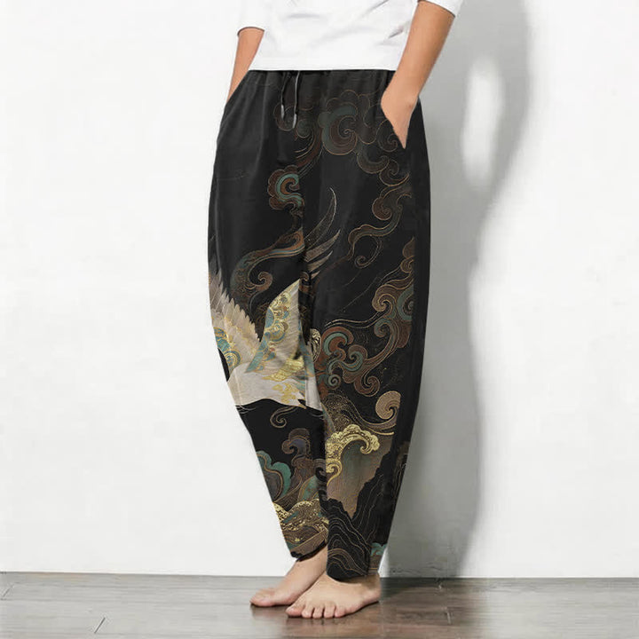 Buddha Stones Pantalon fuselé pour homme en pur coton, motif grues, nuages ​​et vagues, avec cordon de serrage et poches. - image 1