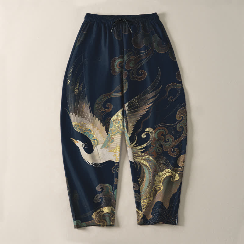Buddha Stones Pantalon fuselé pour homme en pur coton, motif grues, nuages ​​et vagues, avec cordon de serrage et poches. - image 9