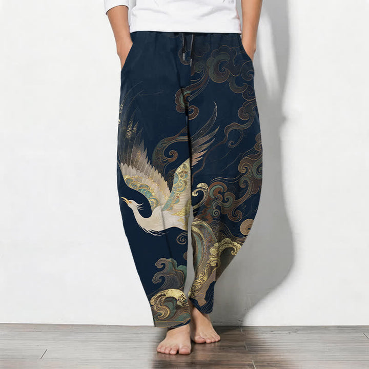 Buddha Stones Pantalon fuselé pour homme en pur coton, motif grues, nuages ​​et vagues, avec cordon de serrage et poches. - Bleu nuit - US/UK/AU50，EU60 (5XL) - image 7