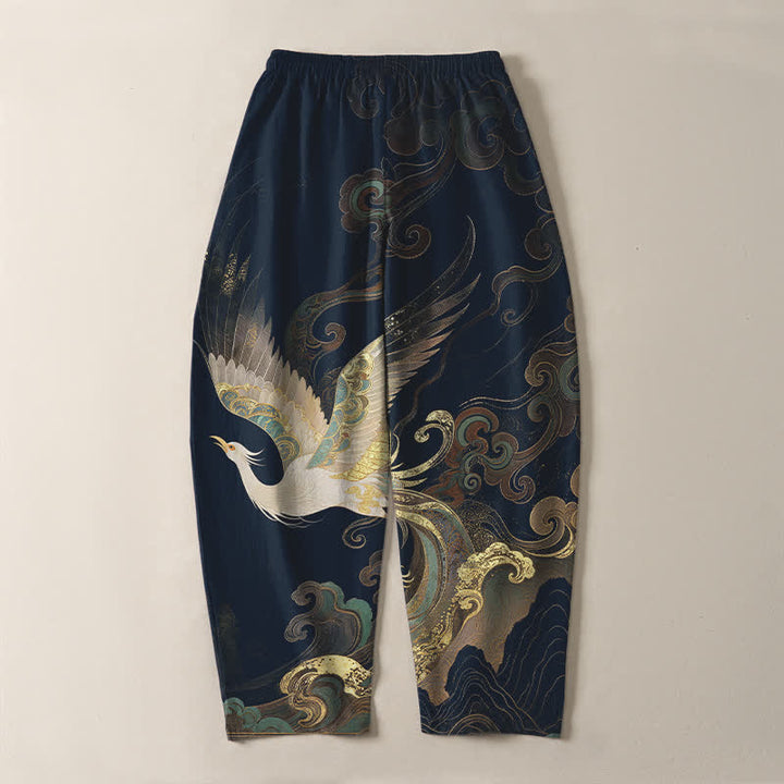 Buddha Stones Pantalon fuselé pour homme en pur coton, motif grues, nuages ​​et vagues, avec cordon de serrage et poches. - image 10
