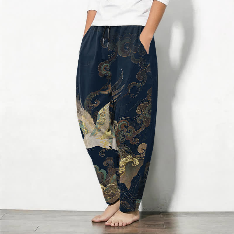Buddha Stones Pantalon fuselé pour homme en pur coton, motif grues, nuages ​​et vagues, avec cordon de serrage et poches. - image 8